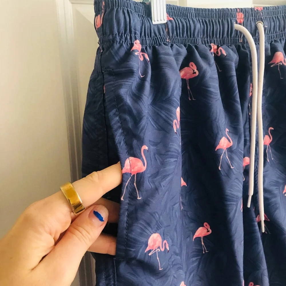 SHEIN Navy Blue Flamingo-Print Swim Trunks with White Drawstring